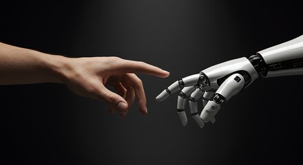 Naklejka premium Human Touch and Robot Arm: A symbolic and photorealistic image showing human and robotic hands reaching towards each other against a dark, evocative backdrop, exploring the intersection of technology.