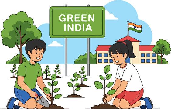 Children Planted Saplings in a Community Green Initiative Promoting Environmental Awareness in India