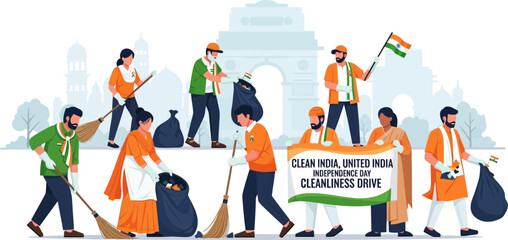 community volunteers participating in independence day clean-up drive in india with republic
