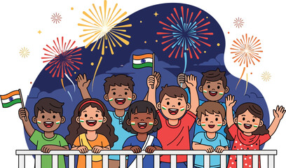 Celebration of Indian Independence Day with joyful children waving flags and fireworks in a