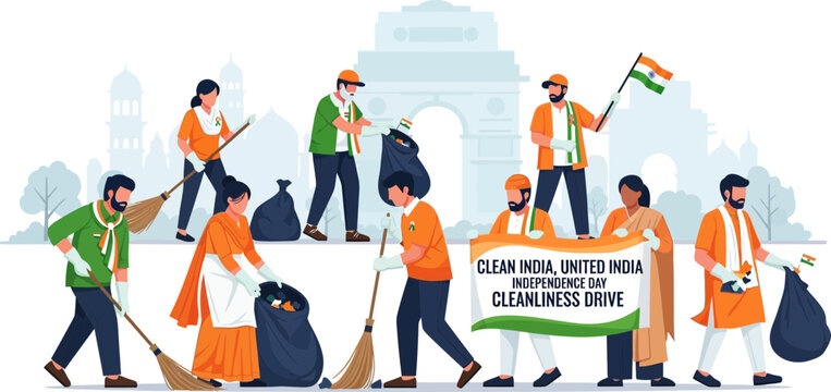 community volunteers participating in independence day clean-up drive in india with republic
