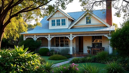 A charming suburban home bathed in afternoon sunlight with a lush garden.