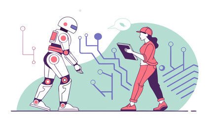 Robot and Programmer Inspect Schematic Vector Illustration Technical AI