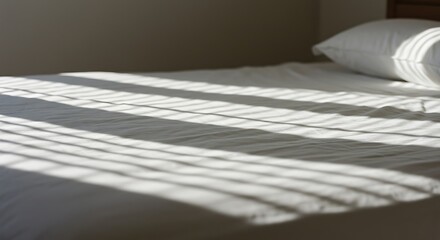 Bedroom Ambiance: Sunlit stripes dance across an inviting bed with a single pillow, evoking a sense of tranquility and serenity.