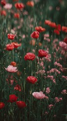 Fototapeta premium Red and pink poppies blooming in a field, soft focus background, nature photography, for calendar or greeting card