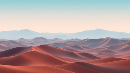 Serene Desert Landscape:  Soft Light, Rolling Dunes, and Misty Mountains at Dawn.