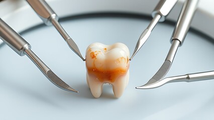 Dental tools in protective circle around aging tooth under clinical light