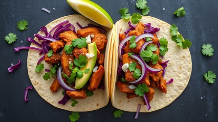 Flat lay of Mexican street tacos with pork, avocado, and fresh toppings, arranged for visual appeal.