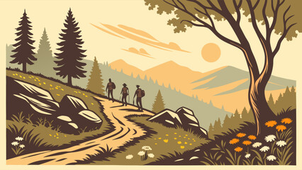 Summer hike through mountains with hikers, sun, trees in vintage art style