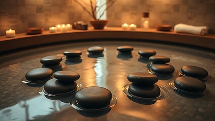 Warm stone spa circle with soft ambient glow