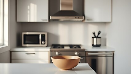 Minimalist kitchen with stainless steel appliances and ceramic bowl on countertop.