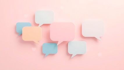 Abstract composition of floating speech bubbles against a soft pastel gradient background.