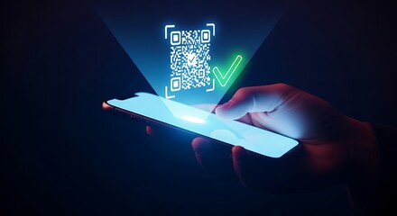 Verification and information access concept. A smartphone scans a holographic QR code, revealing a green checkmark icon for verification.