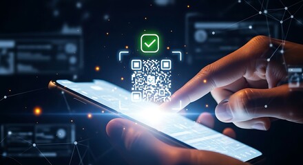 Verification and information access concept. A smartphone scans a holographic QR code, revealing a green checkmark icon for verification.