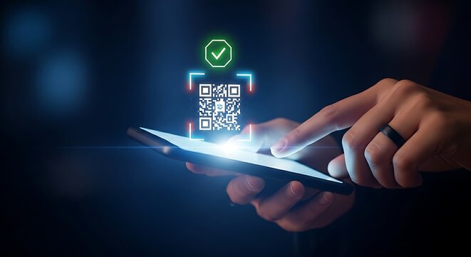 Verification and information access concept. A smartphone scans a holographic QR code, revealing a green checkmark icon for verification.