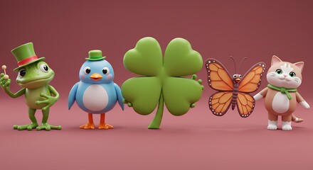 Obraz premium Cartoon animals clover butterfly cat illustration