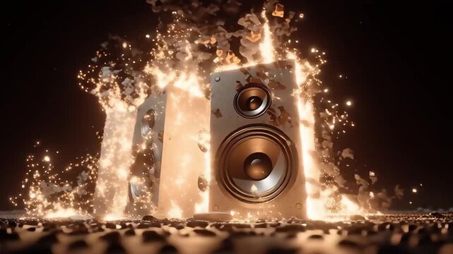 speakers surrounded by fire, burning speaker. Created with generative AI.