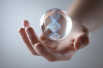 DNA helix in glass sphere, held in hand, medical research, grey background