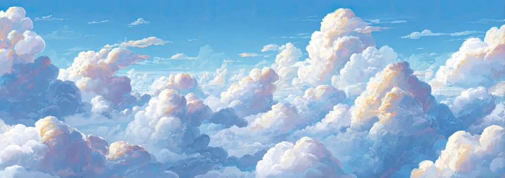 A vast expanse of a light blue sky filled with fluffy, pastel-colored cumulus clouds.  Soft, diffused light bathes the scene, creating a serene and dreamy atmosphere