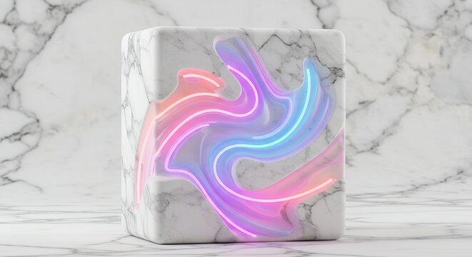 Colorful abstract neon light sculpture on marble block