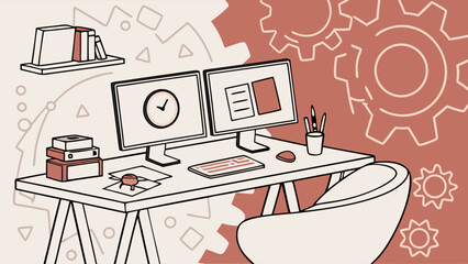 Workspace illustration of monitors with clock and documents in a modern