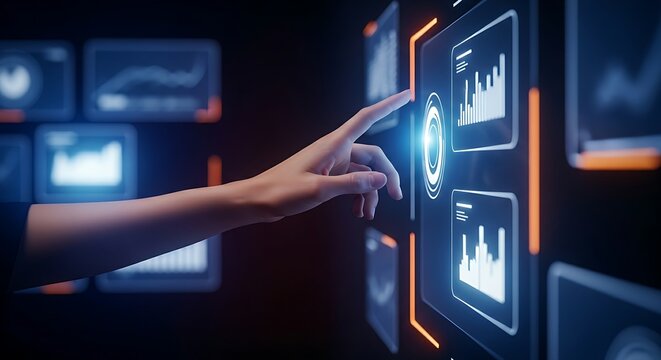 Business intelligence (BI) and monitoring concept. A hand interacts with a simple holographic dashboard with a few minimal charts.