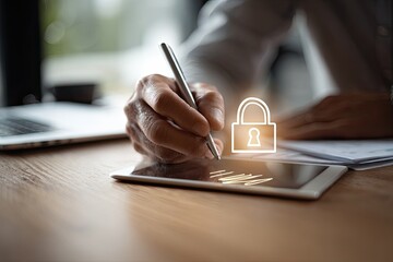 Secure digital signature on tablet, office, paperwork