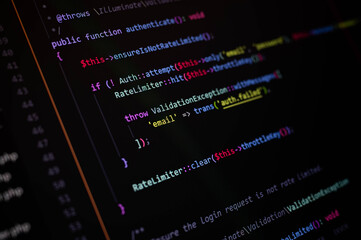 Close-up of PHP code snippet for user authentication with rate limiter and validation handling, highlighting secure login logic and modern backend web development techniques.