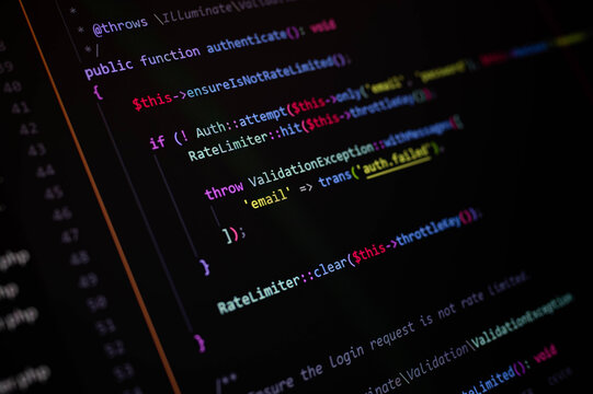 Close-up of PHP code snippet for user authentication with rate limiter and validation handling, highlighting secure login logic and modern backend web development techniques.