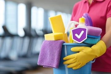 Gym cleaning Staff holding cleaning supplies