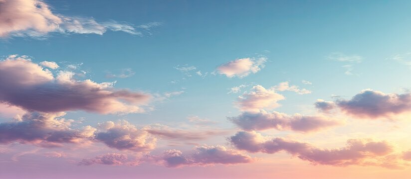 Pastel sunset sky filled with fluffy clouds.  Soft hues of pink, orange, and blue blend in a serene scene.  Wispy clouds are scattered across the canvas of the sky