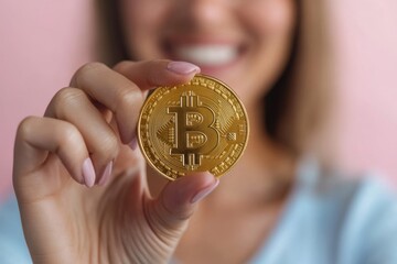 Woman holding bitcoin cryptocurrency coin and smiling at pink background