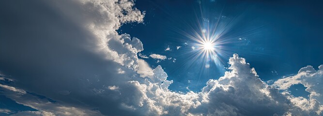 Dramatic sky with sunbeams piercing through fluffy clouds
