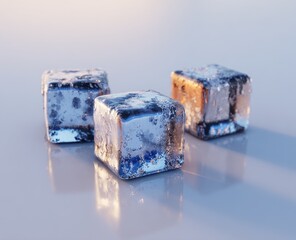 Three ice cubes, subtly textured, resting on a reflective surface, bathed in a soft, ambient light