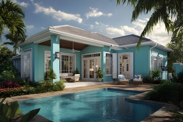 Fototapeta premium Tropical Palm Covered Lanai with Exotic Design for Vibrant Outdoor Living and Island Style Retreats