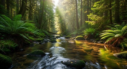 Fototapeta premium Sunlight streams through the dense green forest illuminating a tranquil flowing river