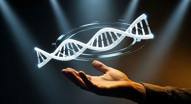 Genetics and biotechnology concept. A hand holds a slowly rotating holographic DNA double helix, representing medical research and genetics.