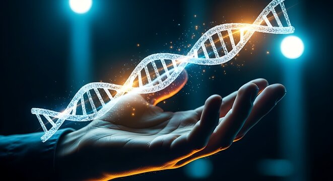 Genetics and biotechnology concept. A hand holds a slowly rotating holographic DNA double helix, representing medical research and genetics.
