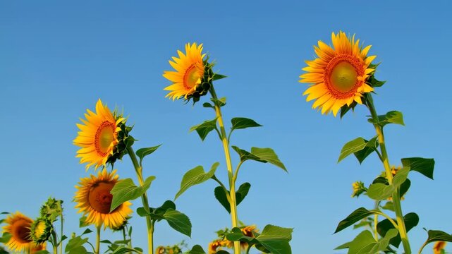 Bright sunflowers against a clear blue sky