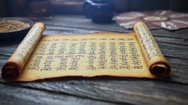 Ancient Scrolls on Wooden Table