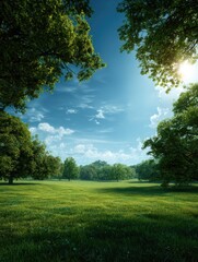 Obraz premium Sunny meadow park landscape, trees framing vibrant green grass, bright sky; nature background