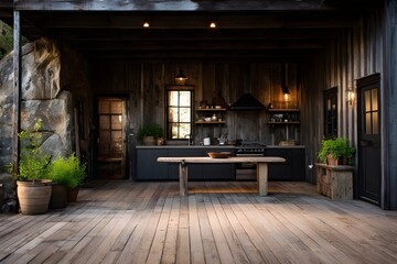Fototapeta premium Reclaimed Pine Deck in Front of Rustic Cabin for Inviting Outdoor Entertainment Spaces