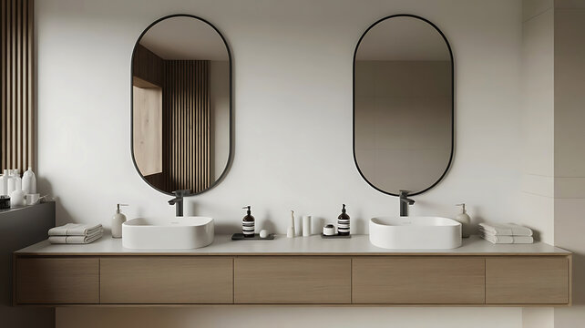 Elegant contemporary bathroom vanity with two oval mirrors and modern sinks - Powered by Adobe