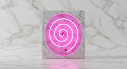 Pink neon spiral light on marble background