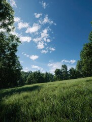 Fototapeta premium Sunny Meadow Landscape Green Grass, Blue Sky, Trees, Hillside