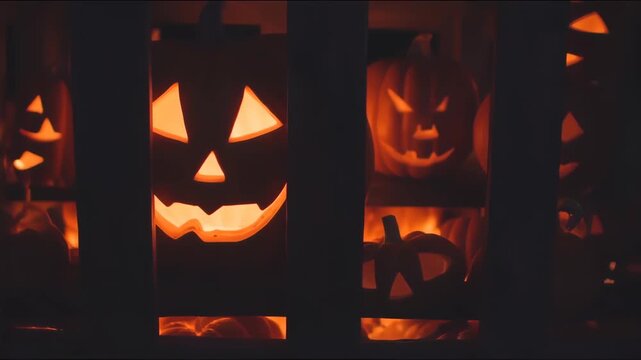 Jack-o'-lanterns in a dark wooden enclosure.  Glowing orange faces of carved pumpkins visible through the wood. Halloween, autumnal, and eerie ambiance