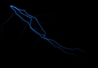 Electric blue lightning bolt streaks across a pitch-black background, its jagged branches creating a dynamic, powerful image.  The light is intense, contrasting sharply with the darkness.