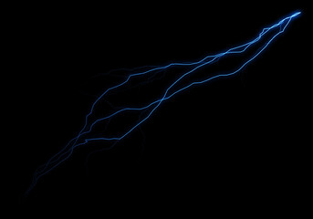 A vibrant blue electric current, resembling lightning, streaks across a pitch-black background. ...