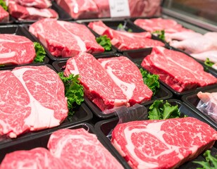 Premium Beef Cuts Displayed Freshly in Butcher Shop Packaging, Ready for Cooking