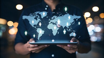 Businessman holding tablet with global network connection map showing worldwide reach